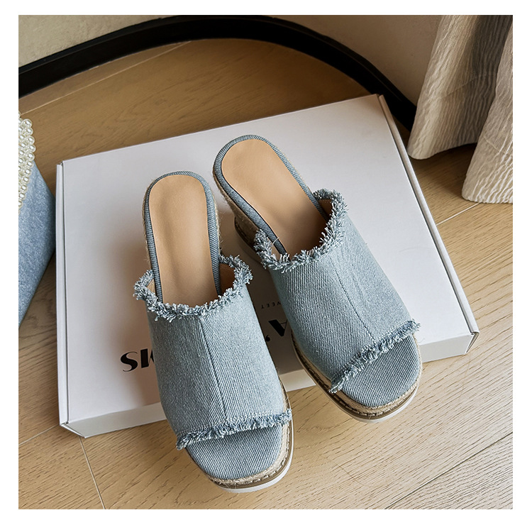 Sandal cao gót nữ hở mũi chất liệu denim, đế xuồng bện cói, gót cao 9 cm — Cao bồi xanh chi tiết 15
