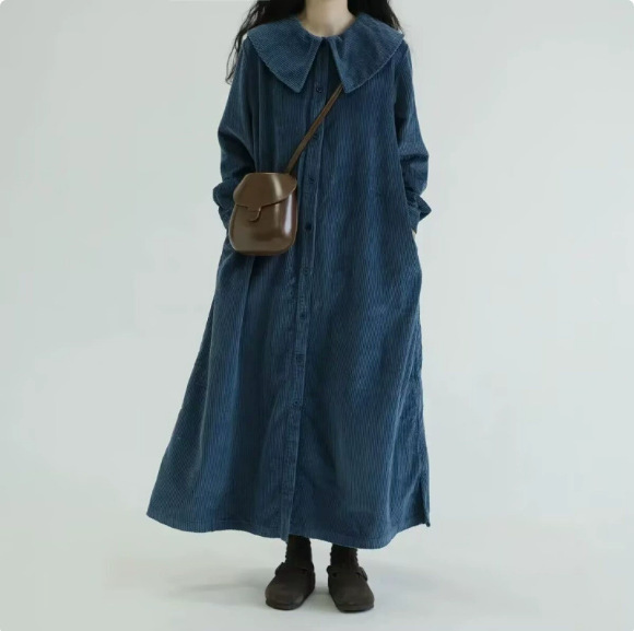 Solid Color Navy Collar Loose Long-Sleeved Dress for Women, Autumn Vintage Corduroy Style, Slimming Single-Breasted Long Dress