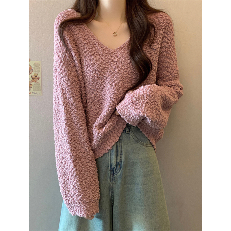 Raspberry Pink V-Neck Knitted Base Shirt for Women, Spring and Autumn Short Loose Lazy Early Autumn Sweater with Regular Shoulders