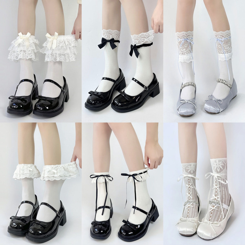 Lolita Socks Lace Pile Socks Spring and Summer Jk Sweet Bow Mid-Calf Socks Lolita Over-The-Knee Socks