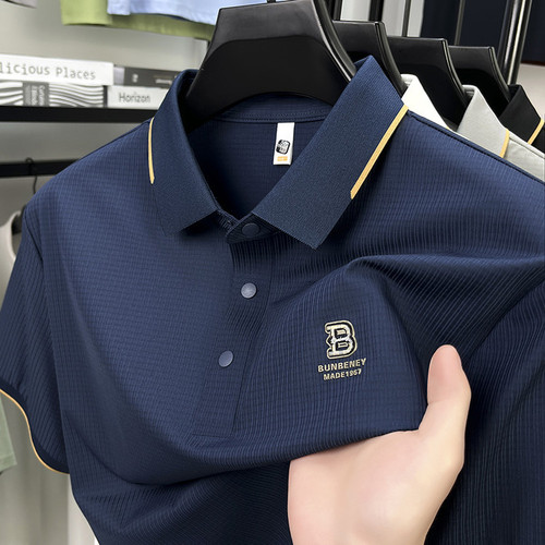Ice Silk Casual Seamless Men's Short Sleeve T-Shirt 2025 New Summer Middle-Aged Dad Style Collar POLO Shirt Top