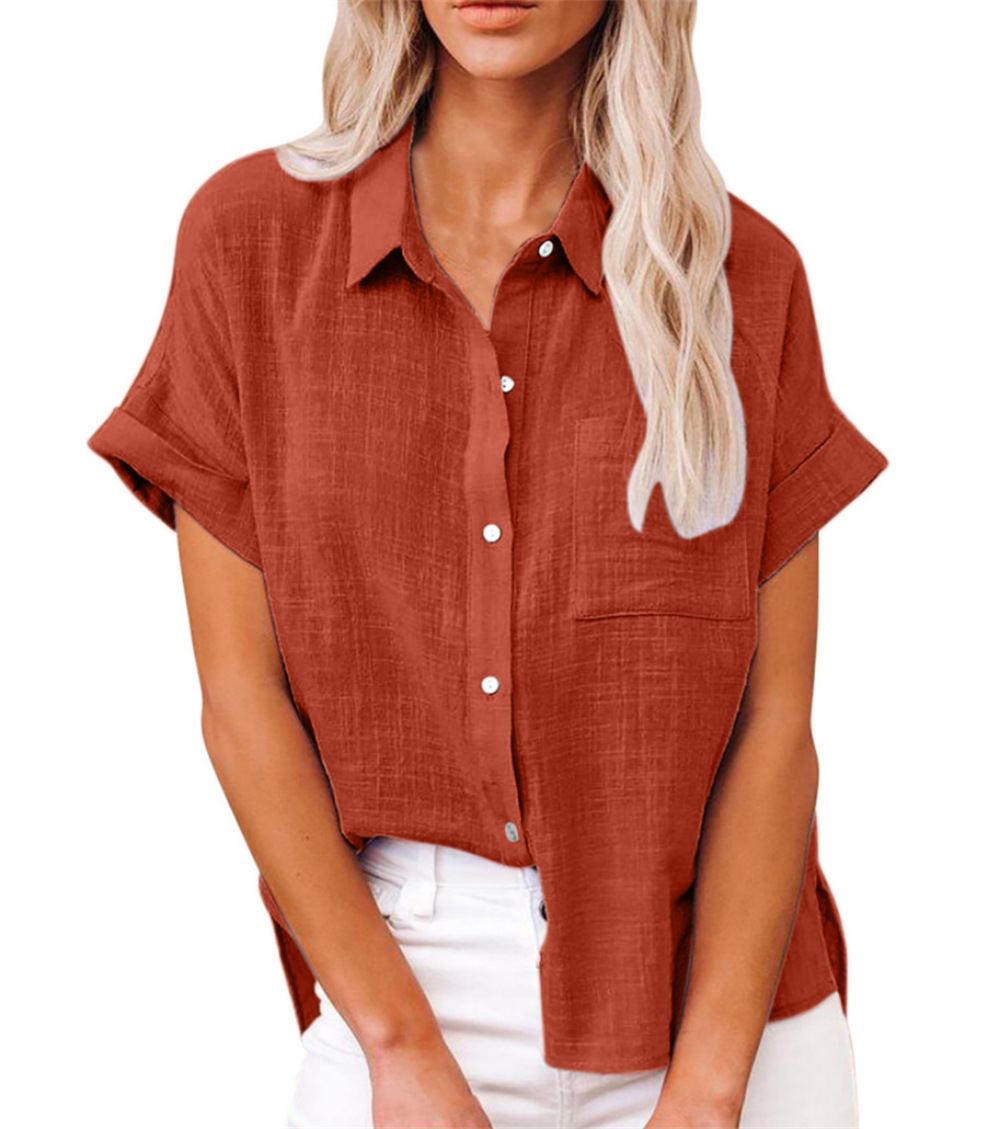 Women's Cotton Linen Short Sleeve Shirt With Pocket Spring/Summer Top For Commuter And Casual Wear_ecoleips.com