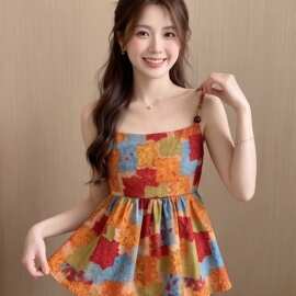 油画风彩色方块印花串珠吊带背心女夏季绝美漂亮露背短款无袖上衣