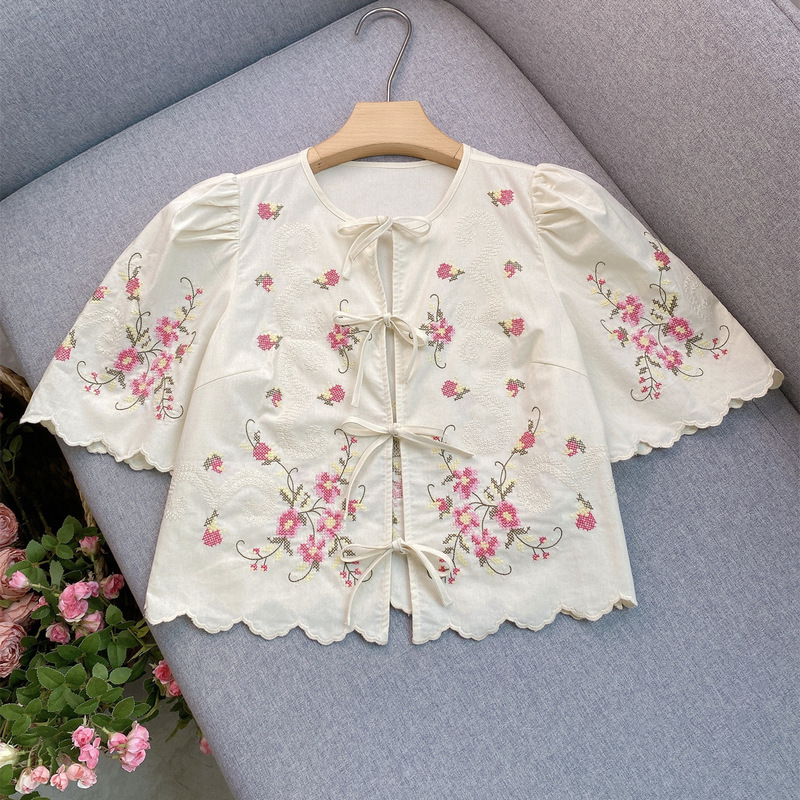 Vine Floral Cross Embroidery Wave Edge Lace-Up Short Shirt Women + Straight-Leg Trousers Set Gentle and Graceful