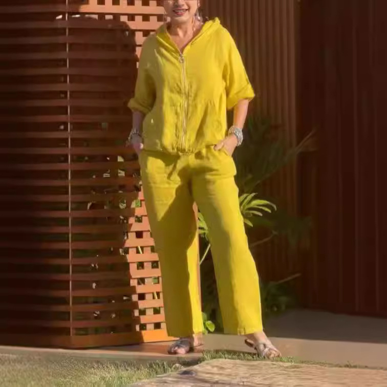 Cotton And Linen Fashion Casual Loose Two-piece Suit Short Sleeve Zipper Top For Women