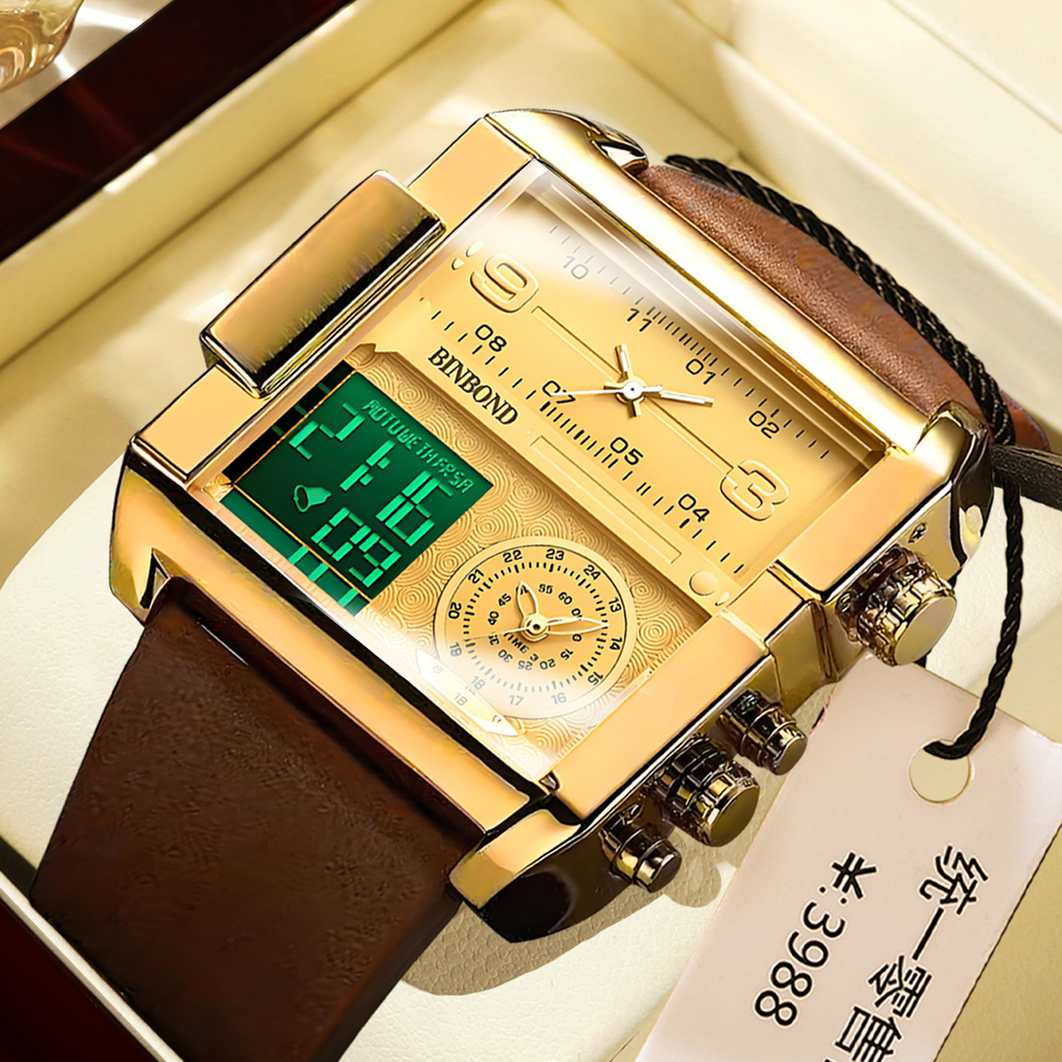 宾邦时尚潮人男士方形大表盘霸气三显石英表手表厂家跨境外贸直销