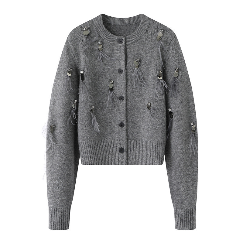 Real Shot of a New French-Style Korean Fashion Knit Sweater for Petite Women, Featuring Sequins, Long Sleeves, and a Short Jacket Real Shot of a New French-Style Korean Fashion Knit Sweater for Petite Women, Featuring Sequins, Long Sleeves, and a Short Jacket