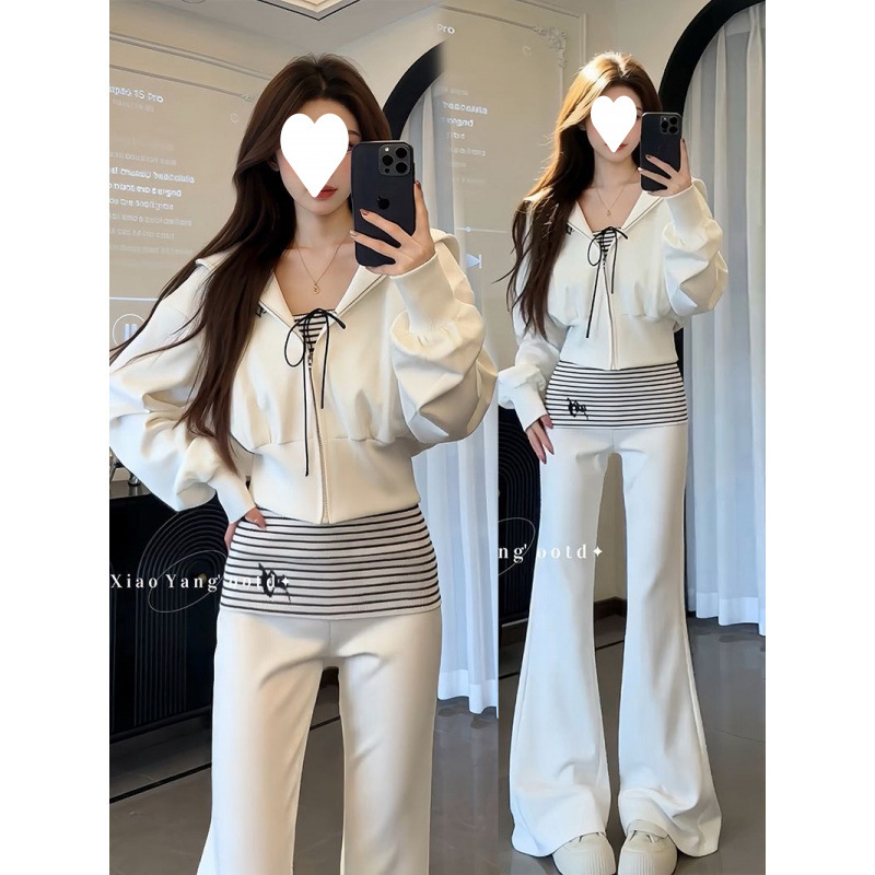 In Stock 2026 Spring New Korean Style Casual Sweatshirt Jacket Striped Tube Top High-Waisted Flared Pants Three-Piece Set # 935