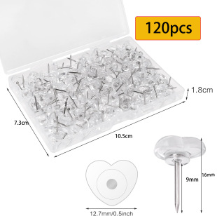 120 Transparent Heart Push Pins, Plastic Push Pins for Office Posters, Push Pins, Postcard Decoration, Cork Push Pins