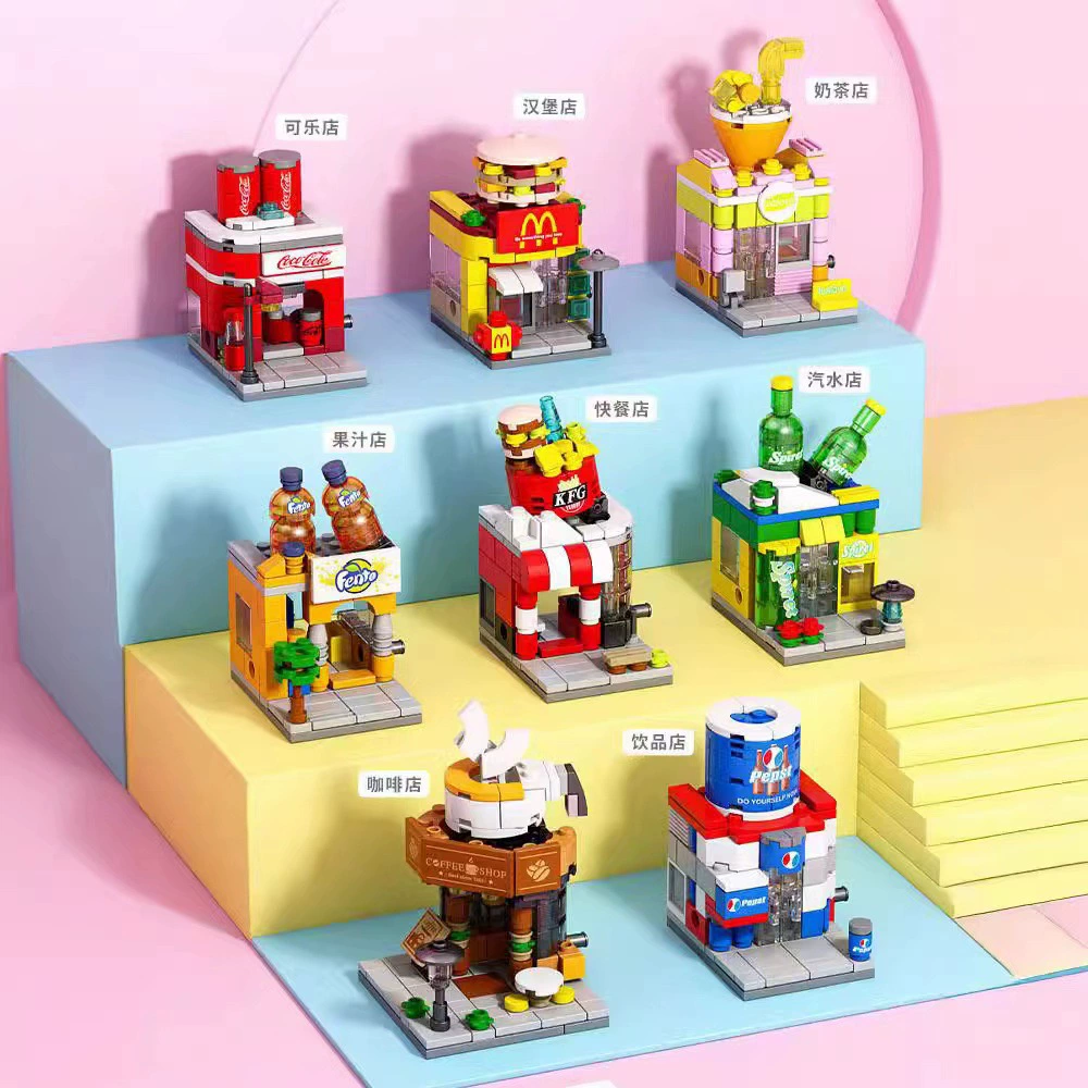 Совместимость с небольшими частицами Lego небольшой вид на улицу Кофейня Цветочный магазин Молочный чай закусочная улица
