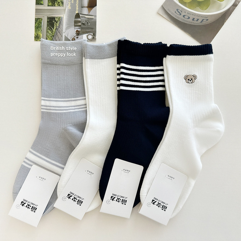 Cartoon Bear Socks for Women, Spring and Autumn, Cute Navy Style Trendy Cotton Socks, College Style Casual Striped Seamless Socks Cartoon Bear Socks for Women, Spring and Autumn, Cute Navy Style Trendy Cotton Socks, College Style Casual Striped Seamless Socks
