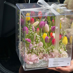 上錦のチューリップの花の箱の透明なアクリルの四角の箱の生花の箱の生け花の箱のdiyネットの赤い花束の箱