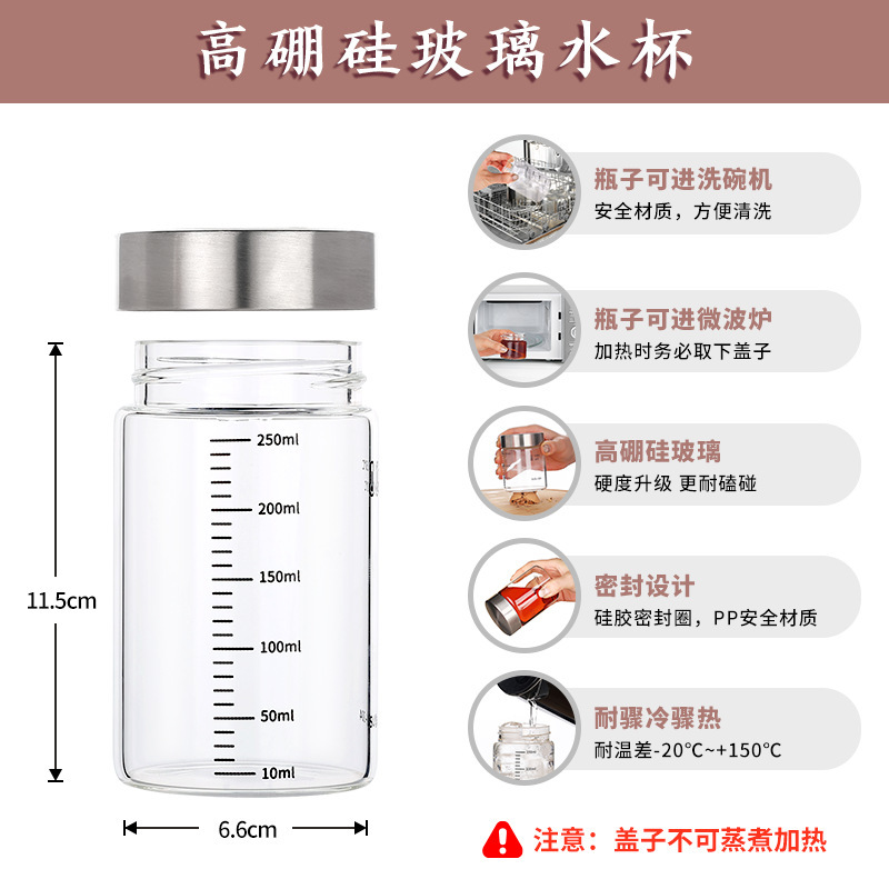 Taza de vidrio resistente a altas temperaturas doméstica portátil de almacenamiento de líquido medicinal sellado botella de alta borosilicina