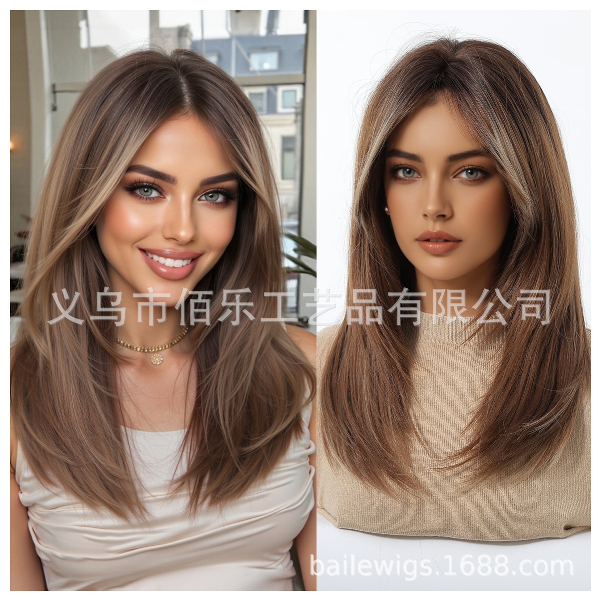 Peluca de gran venta transfronteriza con flequillo dorado, degradado marrón en la parte superior, cabello largo y liso en capas, popular en Europa y América.