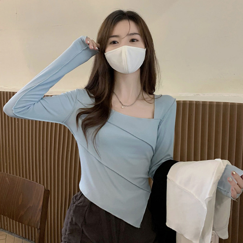 Bottoming Shirt Women's Autumn and Winter 2025 New Sexy Slim Asymmetrical Top Trbottomy Ins Girl Square Collar T-Shirt Long Sleeves