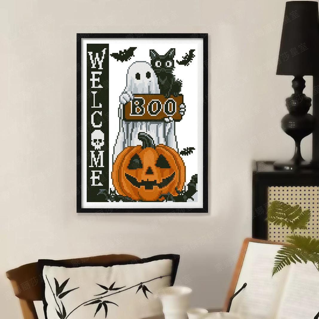 Cross-border Halloween Halloween calabaza fantasma gato negro simple novato conjunto de bordado de cruz image 2