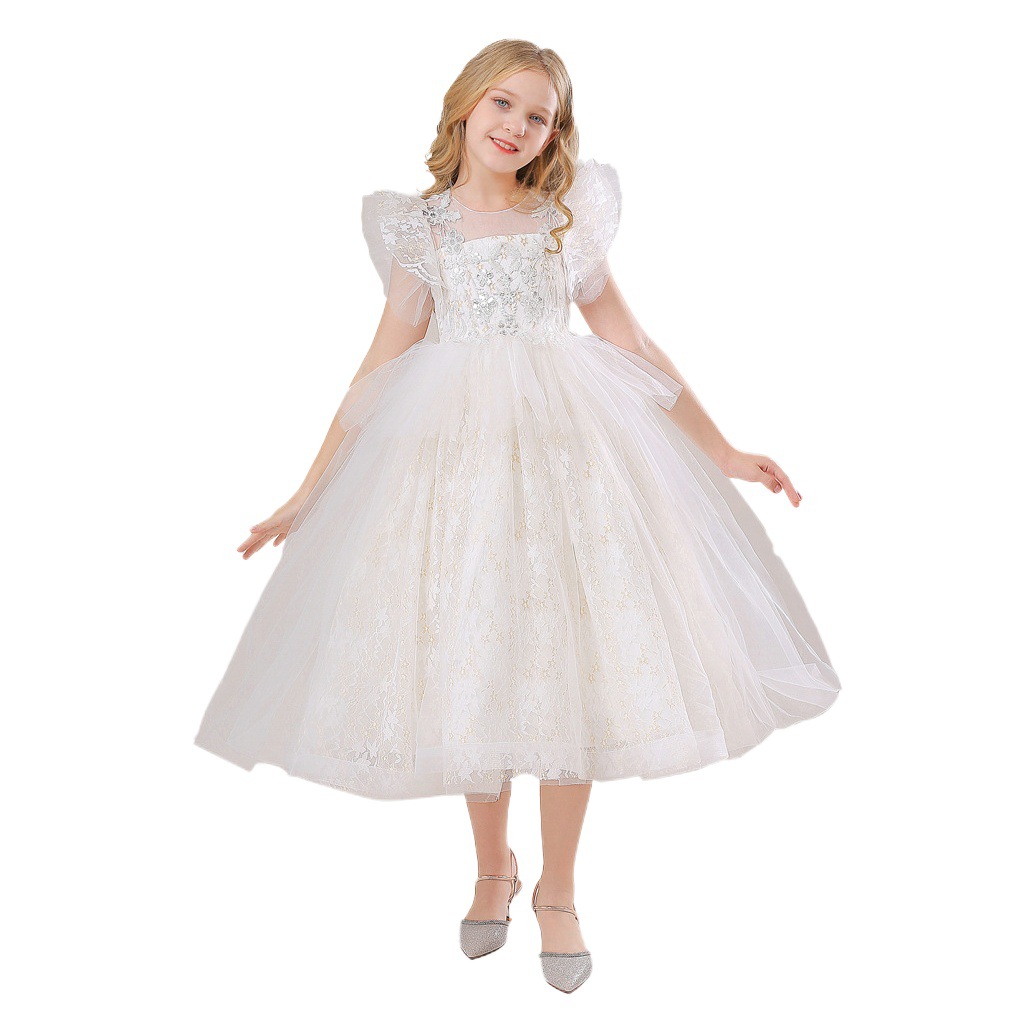 Amazon nuevo vestido de las niñas vestido largo bordado con cuentas malla pettiskirt vestido de novia viento flor vestido de los niños vestido de princesa