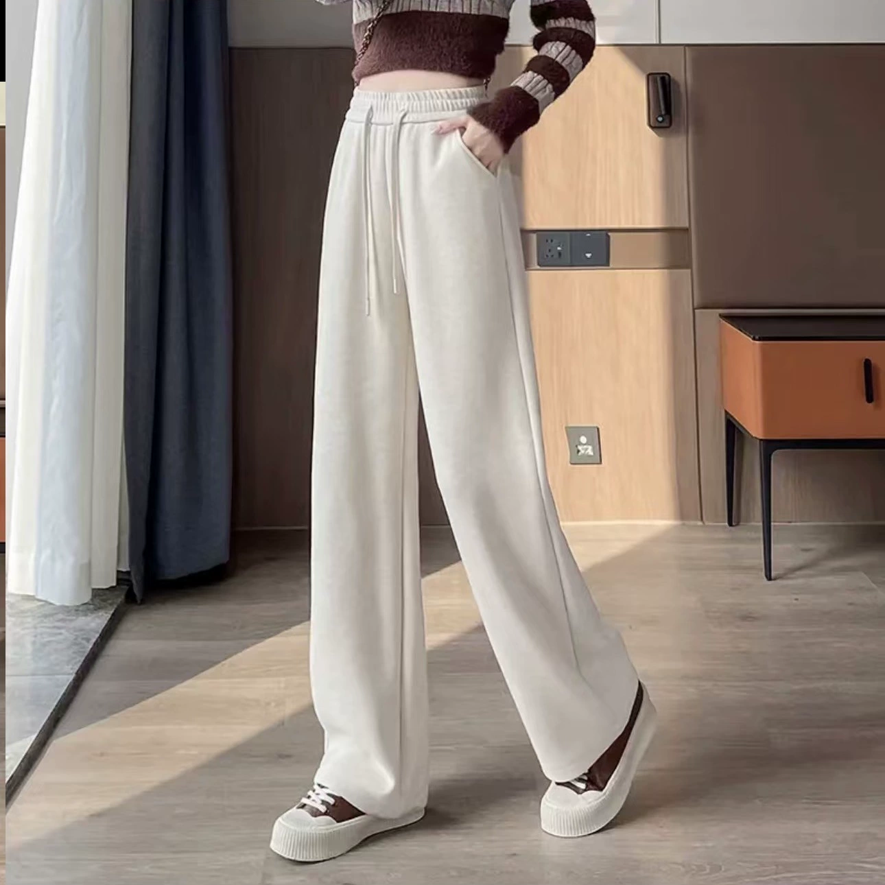 2024 осень и зима новый бархатный утолщение тонкая дикая мелада бархатная стройная брюки повседневная широкая талия брюки