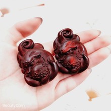 犀牛角小叶紫檀木雕狐狸九尾狐小挂件钥匙扣红色