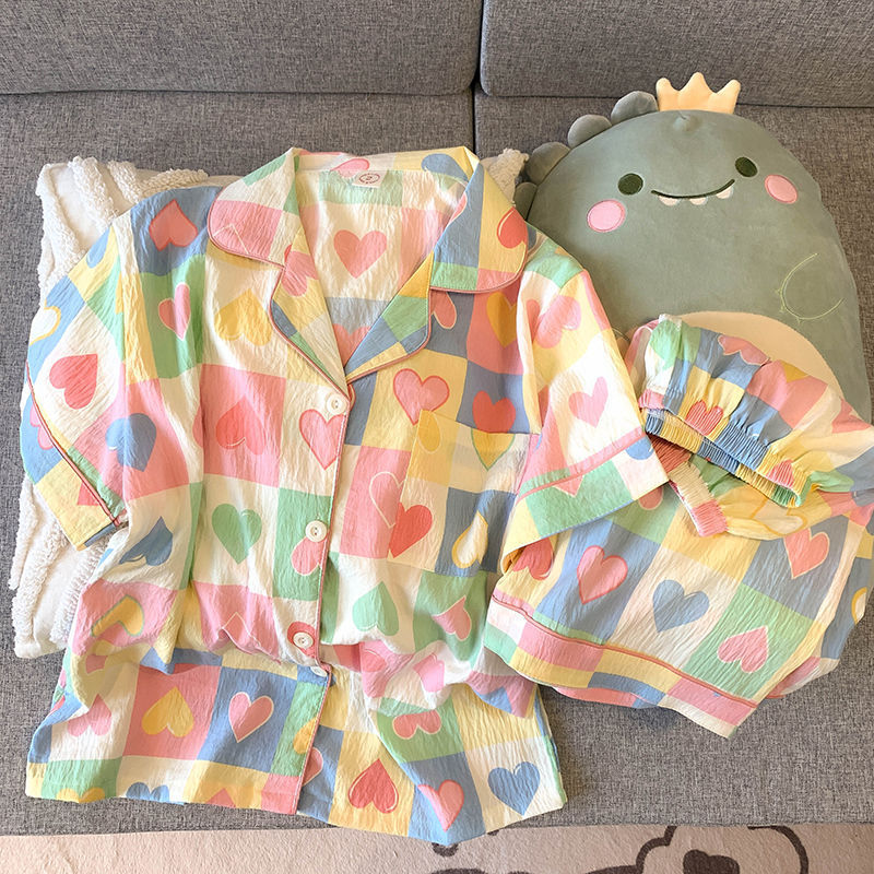 Clouds Cotton Pajamas Women's Short-sleeved Summer Dopamine Colorful Love Sweet Chanel Style Home Clothes suit Wearable Clouds Cotton Pajamas Women's Short-sleeved Summer Dopamine Colorful Love Sweet Chanel Style Home Clothes suit Wearable
