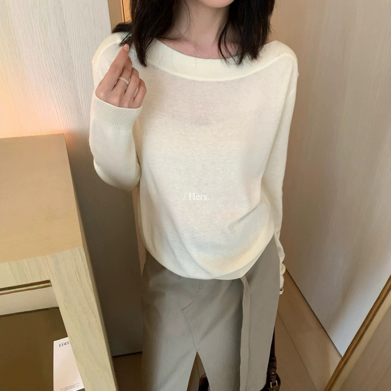 Hers sweet early autumn Korean-style simple and elegant versatile loose slimming flat-neck knit sweater for women 66714