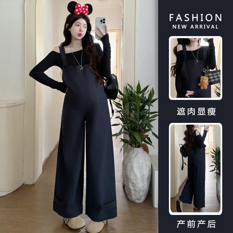 现货2025孕妇套装秋季韩版休闲孕妇牛仔背带裤+斜肩T上衣套装|undefined