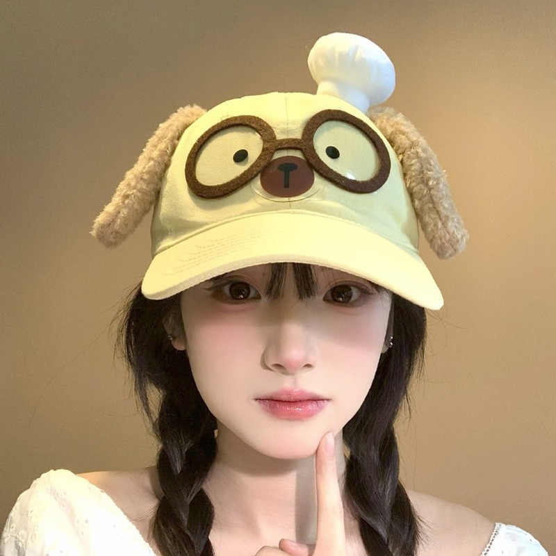 可爱蝴蝶结纽扣小狗棒球帽甜美百搭潮流毛绒耳朵显脸小鸭舌帽|undefined
