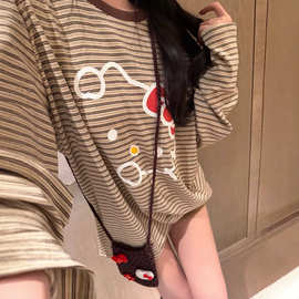 南油女装2026秋季新款可爱女生长袖T恤条纹猫上衣打底衫配包包