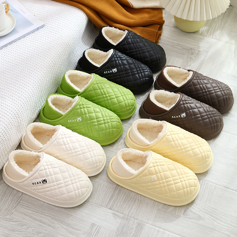 熊熊棉拖鞋女室内加绒秋冬毛绒情侣居家保暖包跟拖鞋男防水棉拖鞋