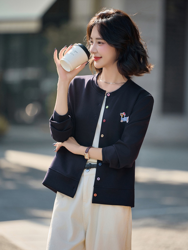 撞色彩扣开衫女外套2025秋季新款女装小狗刺绣洋气休闲上衣ME5712|undefined