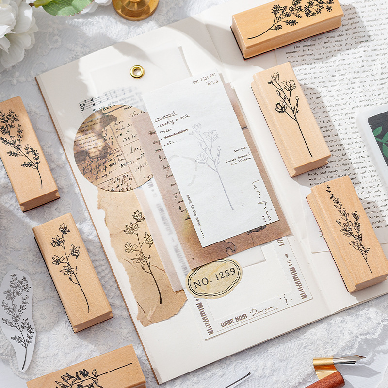 Flores y plantas, sello de caja de madera, flor fresca, flor, sello de decoración, sello de flores transfronterizas