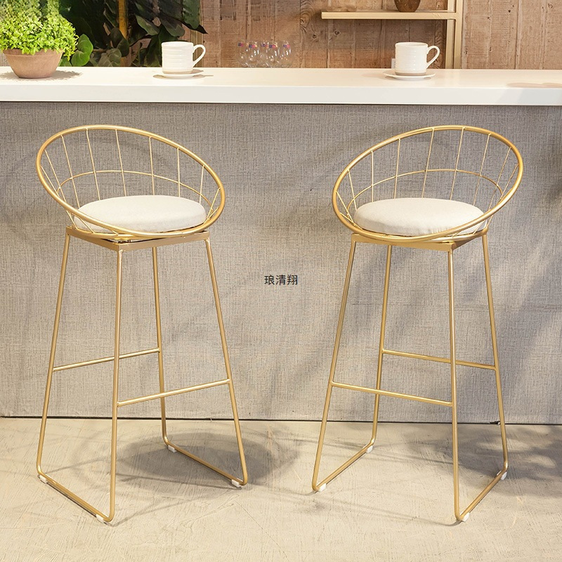 Nordic Bar Chair Simple Iron Art Golden Internet Celebrity High Stool Hollow Backrest Leisure Home Dining Chair Bar Chair
