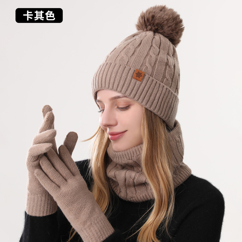 定制冬季针织帽 手套帽子围脖三件套冬季女士户外骑行双层针织帽|undefined