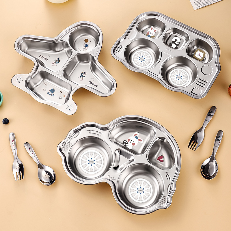 304 Stainless Steel Kindergarten Children's Dinner Plate Split Anti-drop Baby Cartoon Rice Plate suit Household Tableware Lunch Box