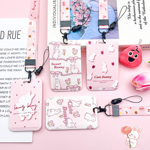 Cartoon card holder, student meal card, bus and subway access control card bag, retractable lanyard, easy-pull buckle, cute name tag protective cover