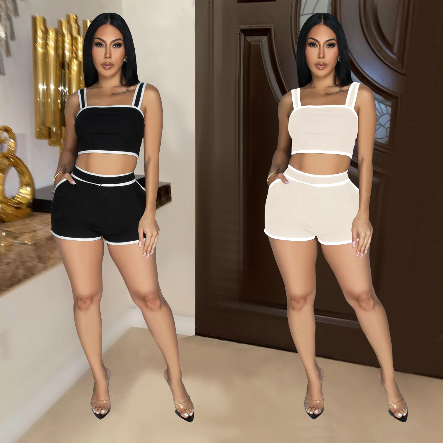 C6966 Aliexpress transfronterizo Amazon estación independiente de moda europea y americana ropa de mujer de color sólido pantalones cortos de dos piezas mujeres