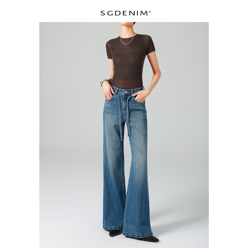 Designed Lace-Up High-Waisted Jeans for Women, Loose Four-Way Elastic Straight-Leg Micro-Flared Pants 25 Autum New Style Slimming Look