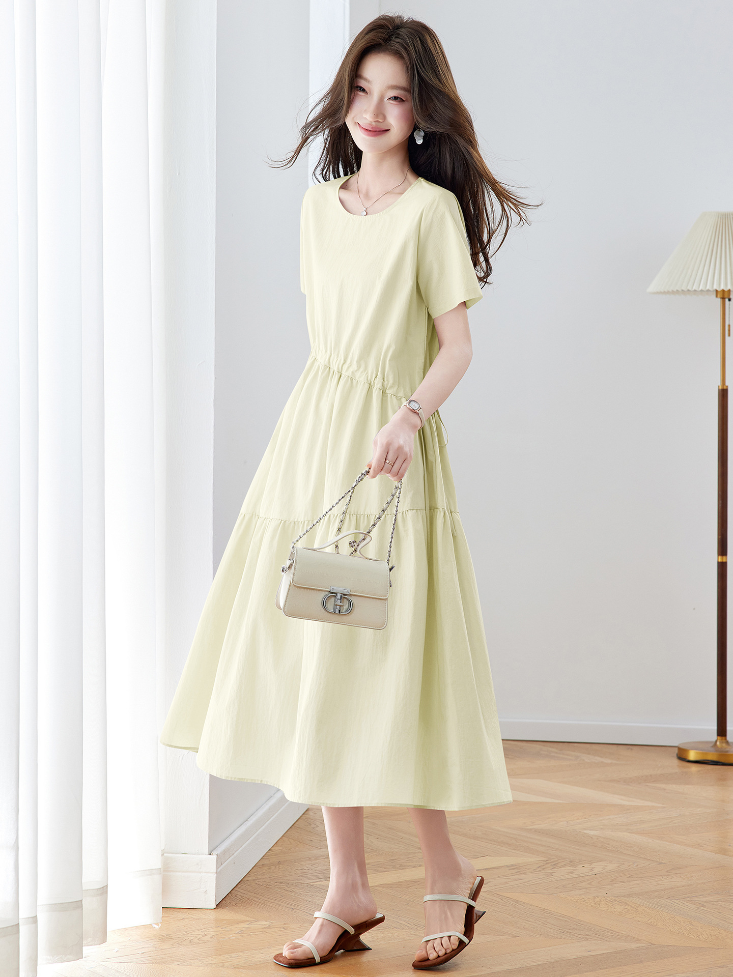 Đầm maxi nữ thắt eo dáng suông rút dây A-line tay ngắn JY2619 — màu tím nhạt, Vàng nhạt