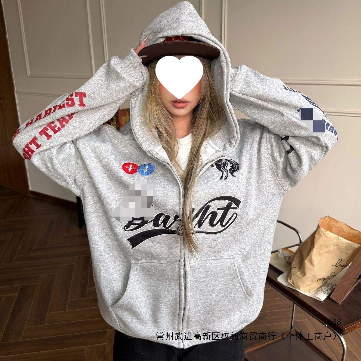 Girl's Style American Retro Prancing Horse Letter Embroidery Fleece Hooded Sweatshirt Zipper Cardigan Unisex Loose Outerwear