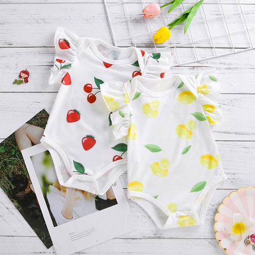 Factory direct sales  new summer baby newborn clothes printed lemon flying sleeves baby bag fart clothes