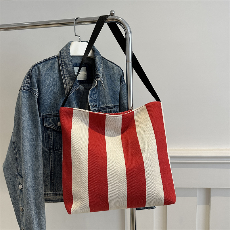 Bolsa de lona de gran capacidad, bolsa de hombro a rayas de mujer, texturas extranjeras, bolsas de compras coreanas, bolsas de tela portátiles.