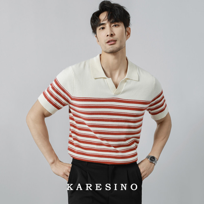 Polo camiseta de punto camiseta de manga corta hombre V-collar gaviota rayas viejas camiseta de hielo de viento de verano fábrica transfronteriza al por mayor