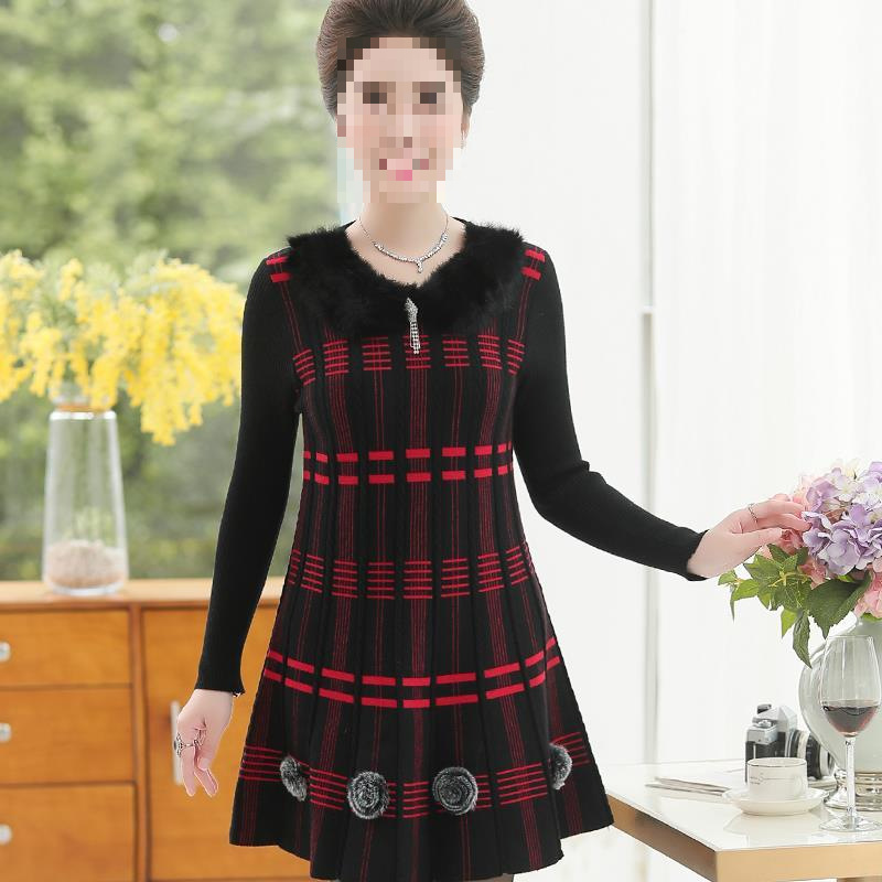 新款气质妈妈秋冬加厚毛衣中长款打底衫中老年女装大码针织连衣裙