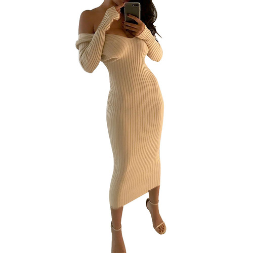Wish Best-Selling Women's Western Nightclub Sexy Off-the-Shoulder Long Dress, V-Neck Long-Sleeve Dress for Women