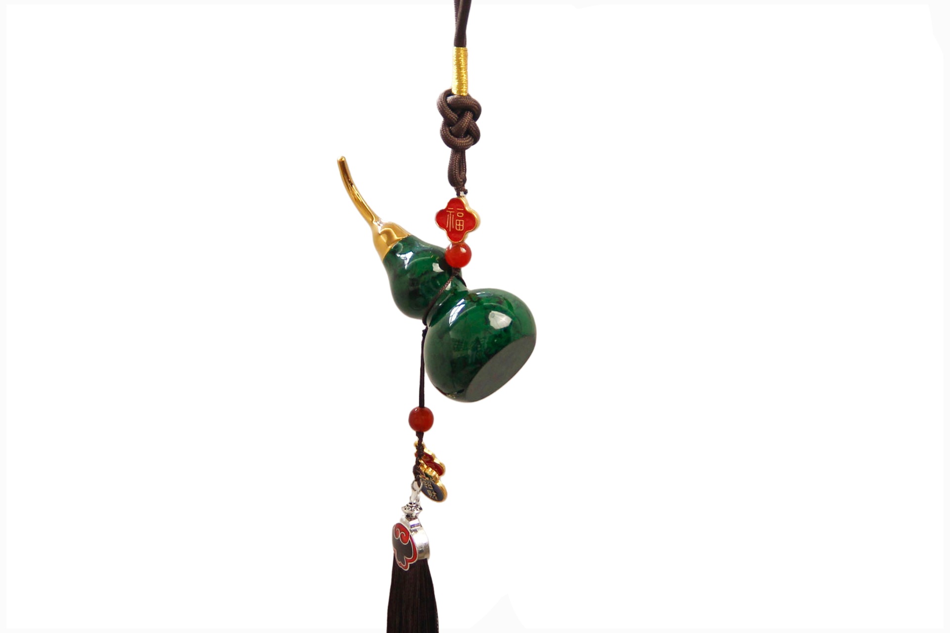 Traditional Lacquerware Gourd Car Hanging Ornament with Green Sandalwood and Handmade Tassel, Suitable for Phone Keychain Decoration