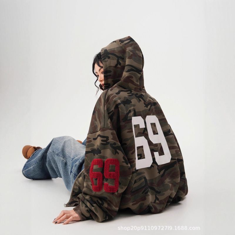 American Style Back 69 Camouflage Cardigan Hooded Sweatshirt Jacket for Women Spring & Fall New Oversize Couple Zipper Top