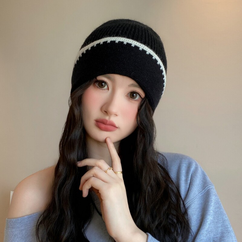 秋冬季网红同款韩版 拼色毛线帽秋冬保暖ins风时尚软糯针织帽黑色|undefined
