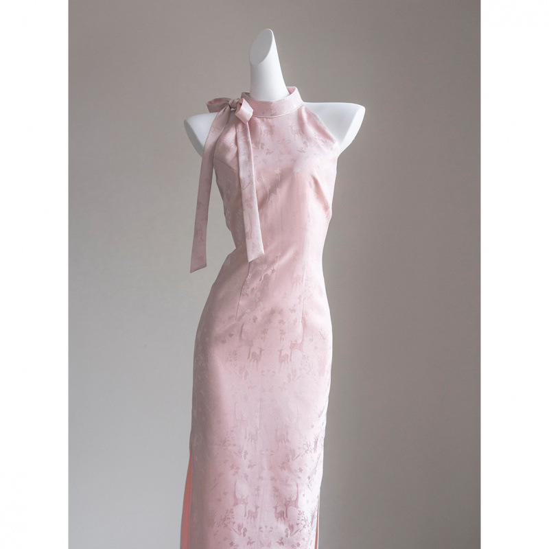 Engagement Dress Pink Bamboo Leaf Jacquard Bow Hanging Neck Cheongsam Toast Dress National Style Slim Fit dress 2025 New