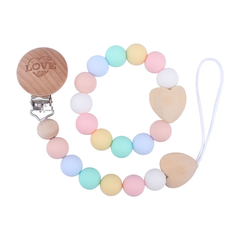 Comercio exterior nuevo bebé suministros mordedor pulsera chupete cadena traje bebé amor madera chupete cadena anti-caída