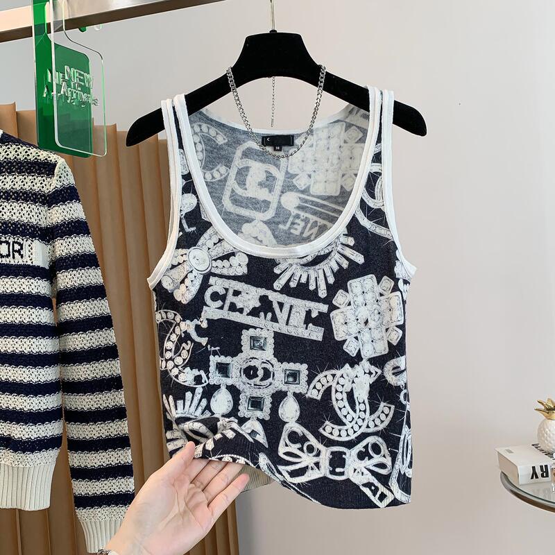 Nanyou High Early Spring Small Fragrant Style Knitted Cashmere Pullover Round Neck Sweater Women's Printed Vest Bottoming Classy Top Women